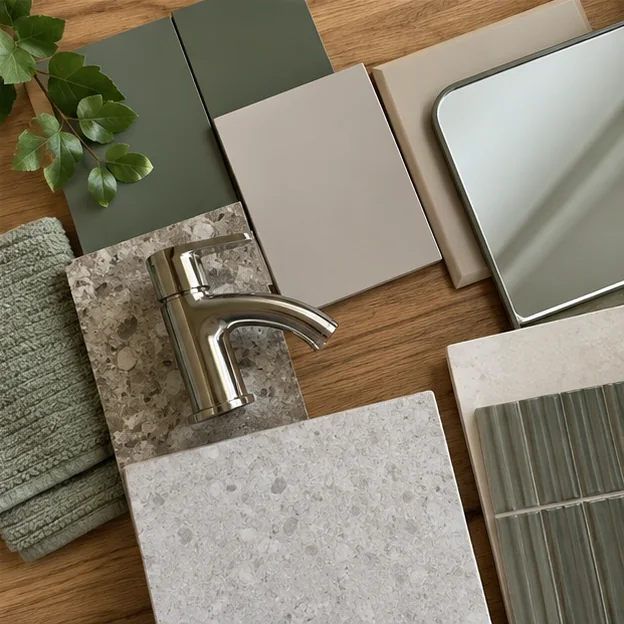 Green, cream and stone samples with chrome tap and mirror edge
