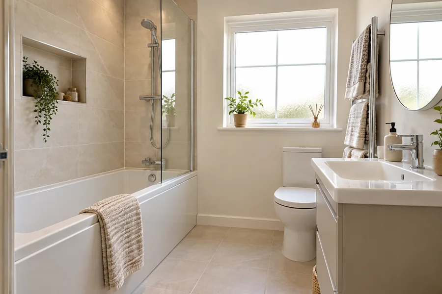 Fitted bath with shower screen and towel storage