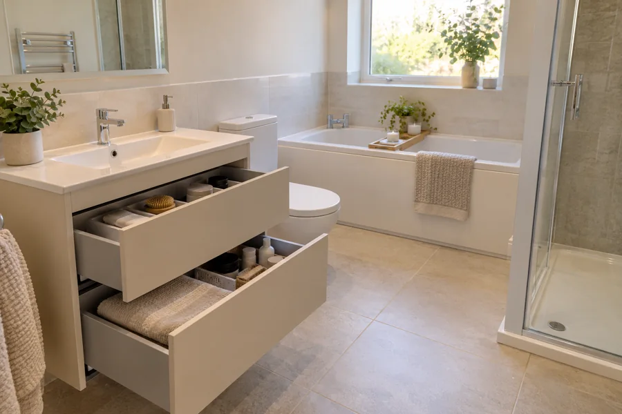 Vanity drawer compartments beneath a basin