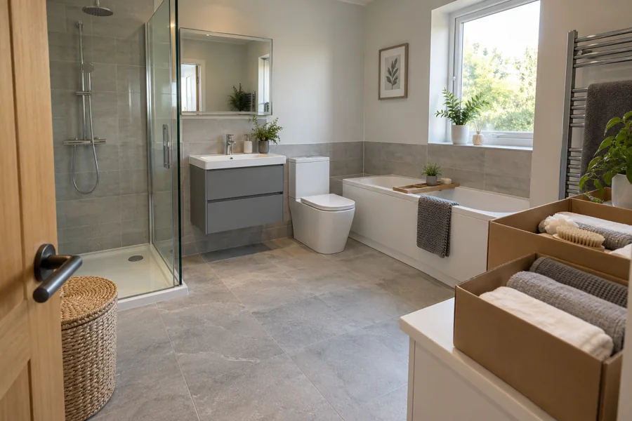 Folded bathroom belongings in boxes beside a clear entrance