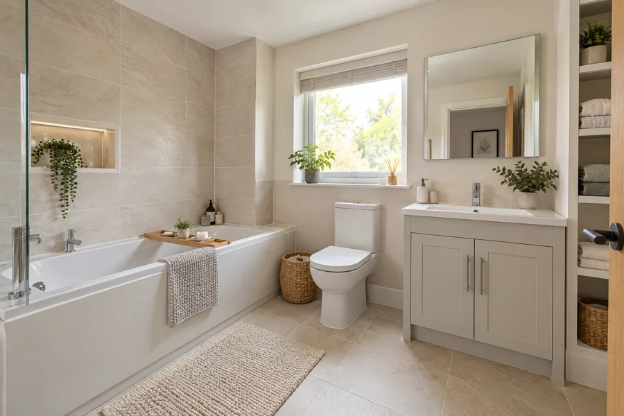 Fitted bath with storage and space to open the fittings