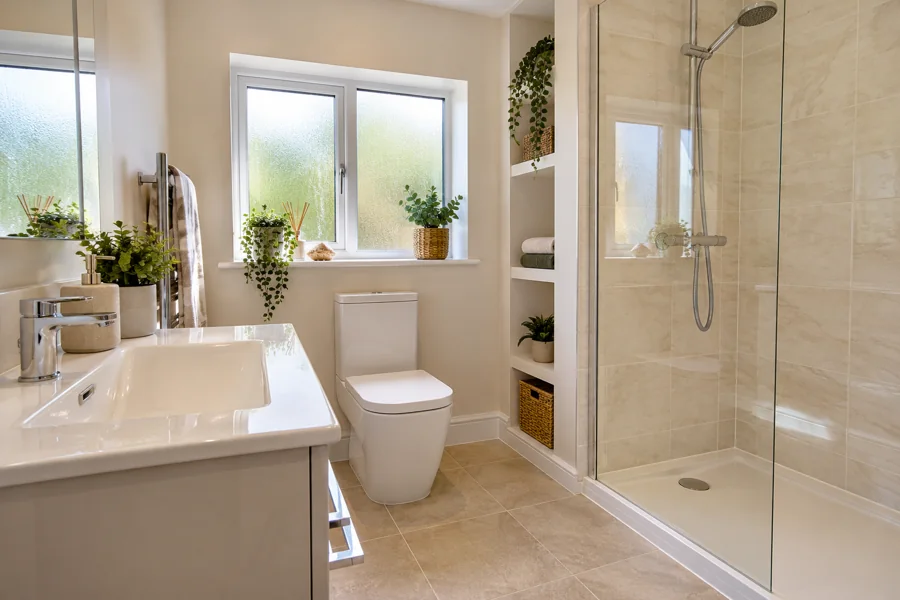 Shower controls and basin storage in a finished bathroom